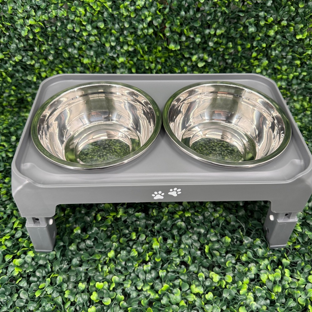 Adjustable Elevated Dog Bowls Gray Stand with 2 Stainless Steel Bowls 3 Heights
